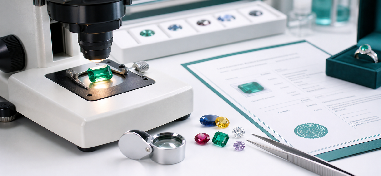 Gemstone testing under microscope with report and jewellery