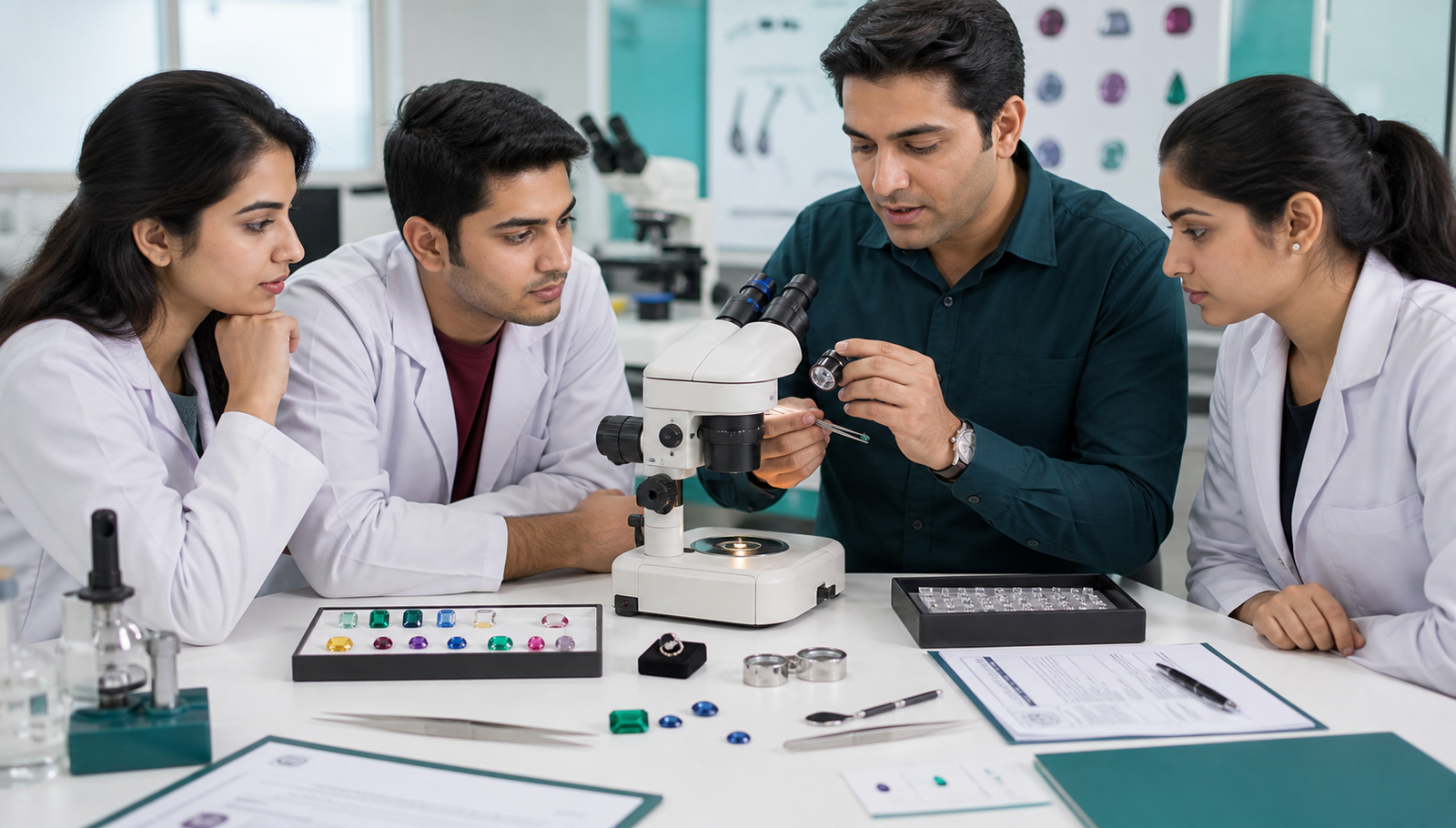 Hands-on gemology training with microscope and gemstones